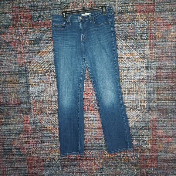 Levis womens dark distressed 505 straight faux flap stretch jeans 30x31 - Picture 1 of 9